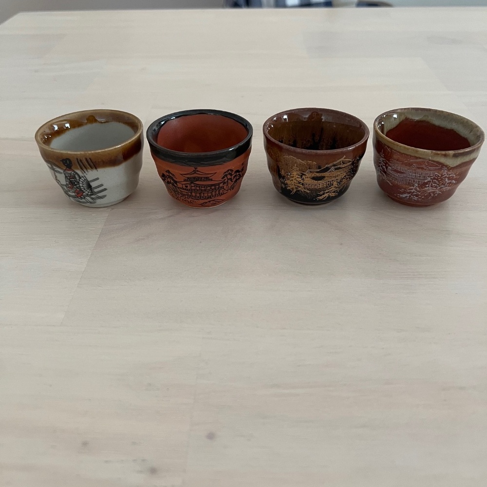 Set of 4 Sake Cups from Japan | Red, Brown, Fall Color Cups